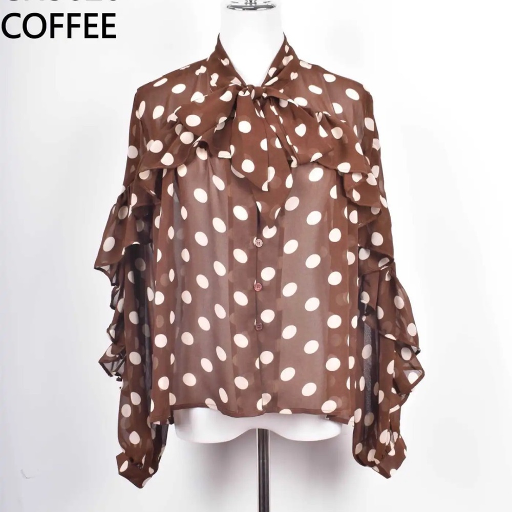 FROM PARIS FRANCE ๐ซ๐ท ShopEvelynne Coffee Polka Dot Ruffle Blouse - Picture 2 of 2